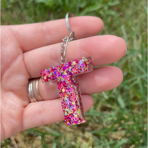 Confetti Cannon Pink Letter T Initial Keychain Handmade With Resin - Picture 3 of 7